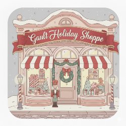 Pink vintage shop with "Gault Holiday Shoppe" on banner